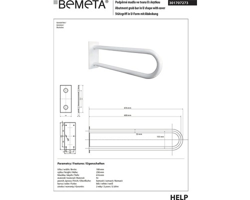 Opěrné madlo Bemeta ve tvaru U s krytkou, včetně rozměrů