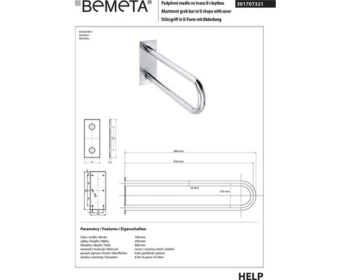 Podpěrné madlo ve tvaru U s krytkou z nerezové oceli včetně rozměrů
