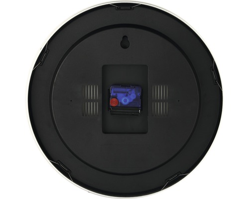 Zadní strana nástěnných hodin s prostorem pro baterie a zavěšením