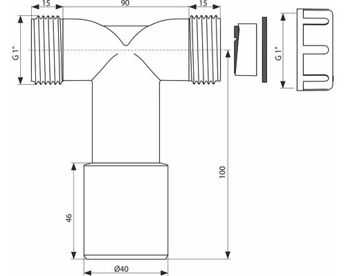 Technický výkres T-kusové armatury s rozměry