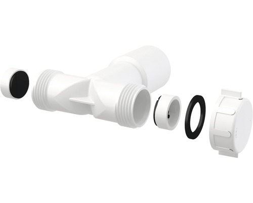 Bílé T-kus s vnějším závitem a těsněním pro sanitární instalace