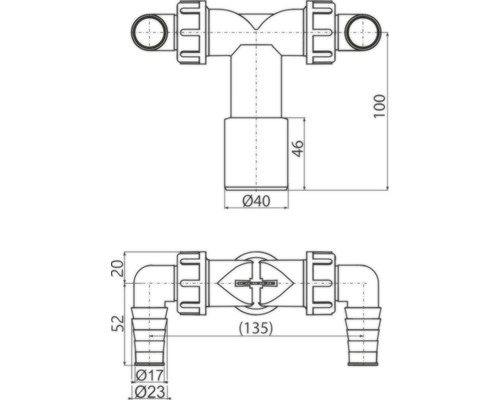Technický nákres rozdělovače s rozměry pro sanitární instalace