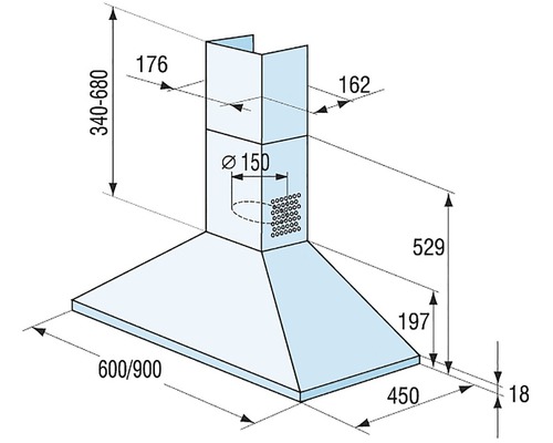 Technický nákres odsavače par s rozměry