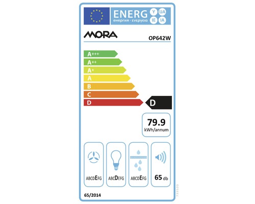 Energetický štítek Mora OP642W s třídou energetické účinnosti D, spotřebou energie 79.9 kWh ročně a hlučností 65 decibelů.
