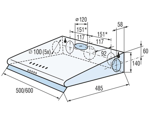 Rozměrový nákres digestoře s průměry a rozměry