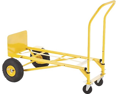 Žlutý transportní vozík se dvěma koly a dvěma otočnými kolečky