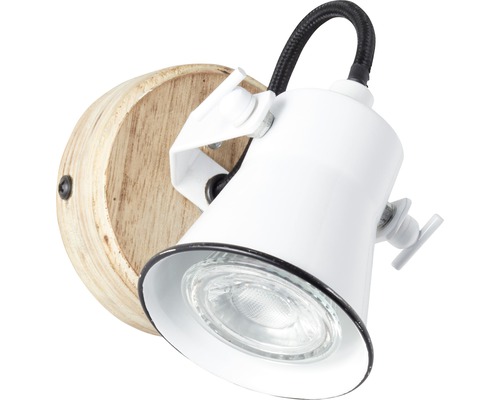 Nástěnné svítidlo s dřevěnou základnou a bílým stínidlem