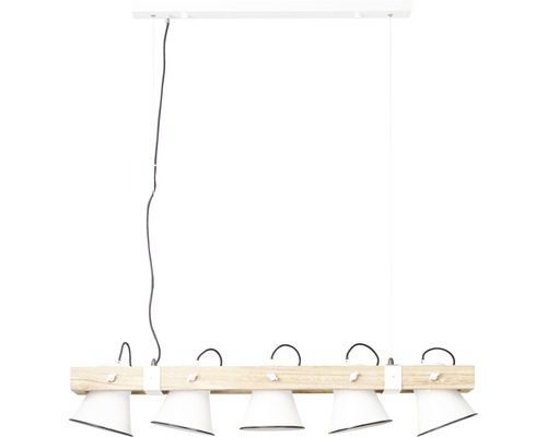 Závěsná lampa s pěti svítidly na dřevěném trámu
