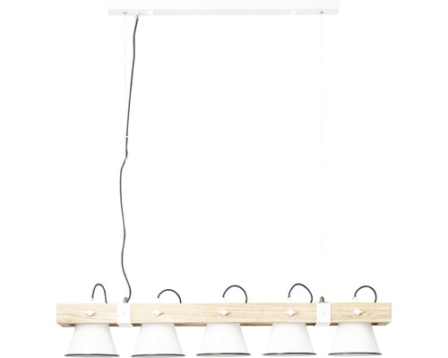Závěsná lampa s pěti stínidly a dřevěným trámem