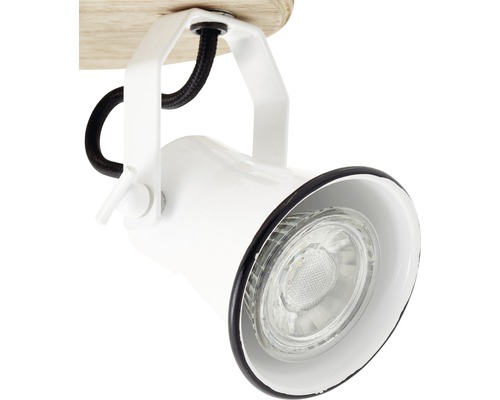 Bílé stropní svítidlo s dřevěnou základnou a nastavitelným bodovým světlem