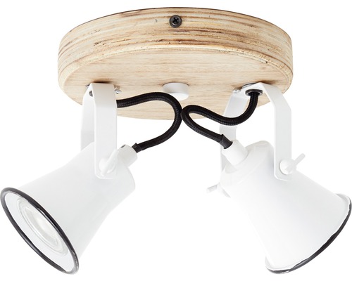 Stropní svítidlo se dvěma reflektory, dřevěnou základnou a bílými stínidly