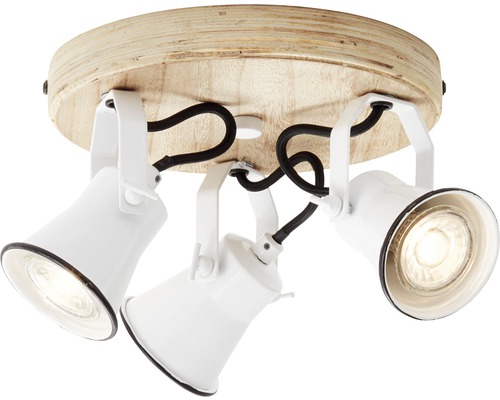 Stropní svítidlo se třemi bílými reflektory a dřevěným prvkem