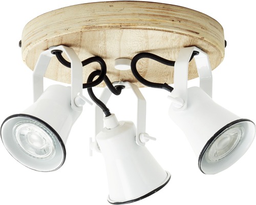 Stropní svítidlo se třemi reflektory a dřevěnou základnou