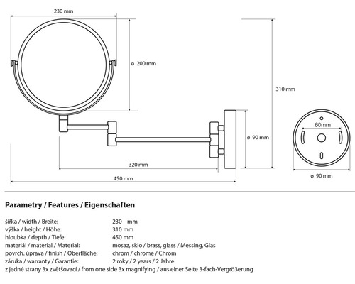 Technický nákres nástěnného zrcadla s rozměry.