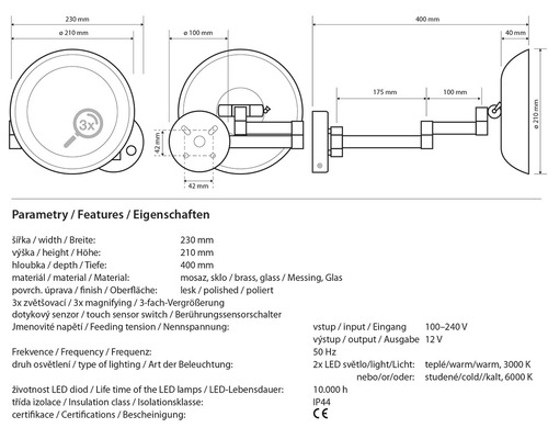 Kosmetické zrcátko s LED osvětlením Bemeta oboustranné