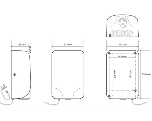 Technický výkres osoušeče rukou s rozměry