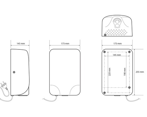 Technický nákres sušiče rukou s rozměry