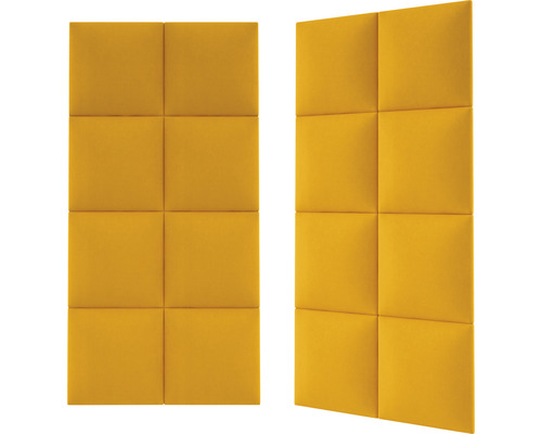 Dva žluté zvukové panely, každý sestávající z osmi čtvercových modulů