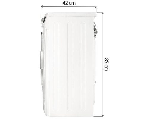 Boční pohled na pračku o rozměrech 42 cm hloubky a 85 cm výšky