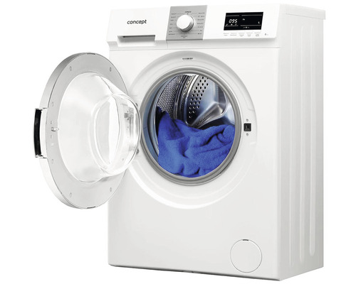 Pračka s otevřenými dvířky a modrým prádlem