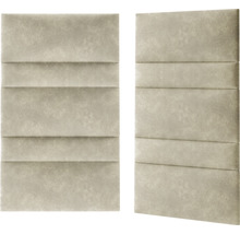 Dva čalouněné stěnové panely s obdélníkovým tvarem a vodorovným ozdobným prošíváním.