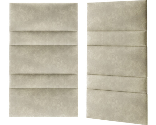 Dva čalouněné stěnové panely s obdélníkovým tvarem a vodorovným ozdobným prošíváním.