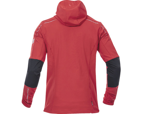 Pohled zezadu na červenou funkční bundu s kapucí a dlouhými rukávy