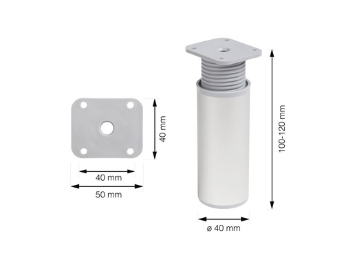 Nastavitelná nábytková noha s rozměry 100 až 120 mm a průměrem 40 mm.