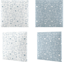 Čtyři vzorky látek s vesmírnými motivy, jako jsou rakety a planety