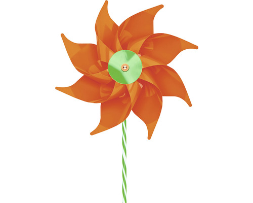 Oranžový větrník se zeleno-bílým pruhovaným držadlem