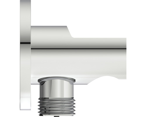 Detailní záběr chromované vodovodní baterie se závitovým připojením.