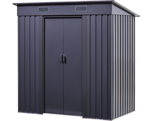 Kovový zahradní domek s dvoukřídlými dveřmi a ventilací