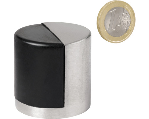 Dveřní zarážka z nerezové oceli a gumy vedle euromince
