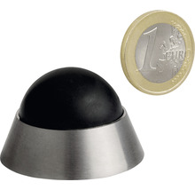 Dveřní zarážka z nerezové oceli a gumy vedle euromince