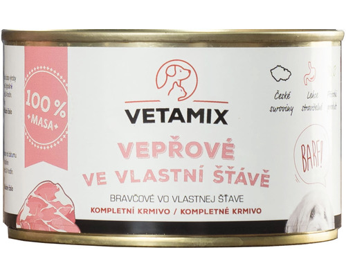 Konzerva pro psy a kočky VETAMIX vepřové ve vlastní šťávě 400 g Vetamix psí jídlo v konzervě, vepřové maso ve vlastní šťávě