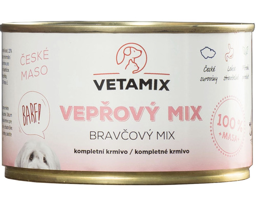 Konzerva pro psy a kočky VETAMIX vepřový mix 405 g Konzerva s vepřovou směsí pro psy od Vetamix
