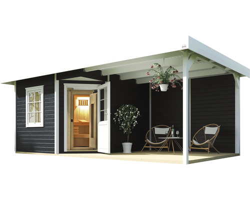 Dřevěný zahradní domek se saunou a krytou terasou