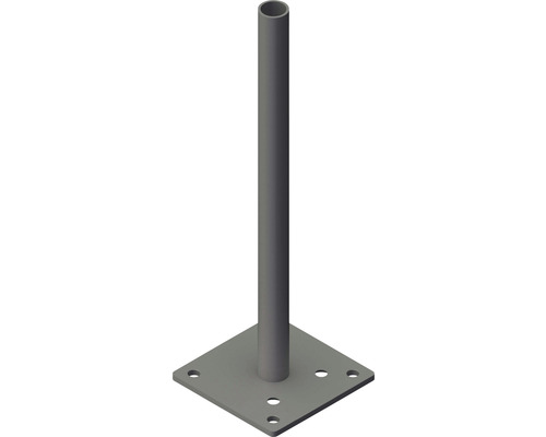 Kovová patka s čtvercovou základnou a otvory pro upevnění.