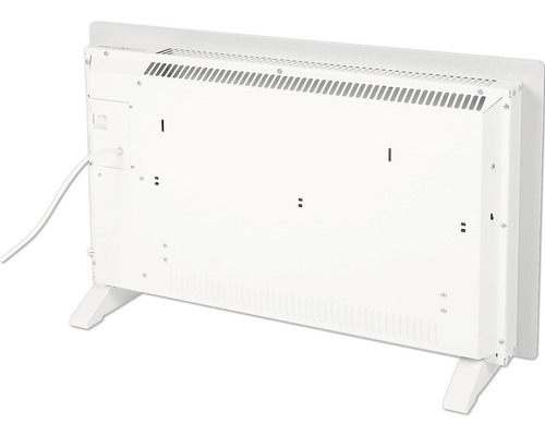 Pohled zezadu na elektrický ohřívač s nožičkami.