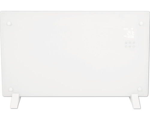 Bílé skleněné topení s digitálním displejem a podstavcem