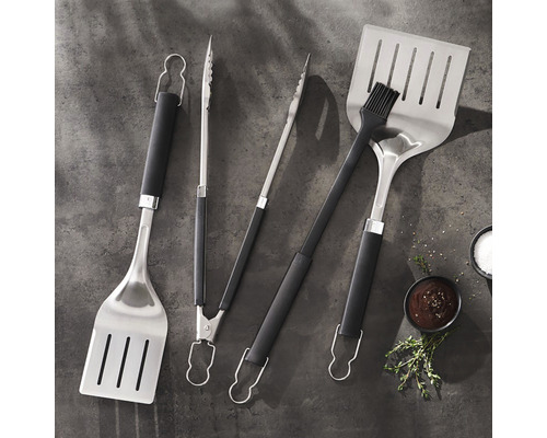 Sada grilovacího náčiní s grilovacími kleštěmi, obracečkou a grilovací štětkou