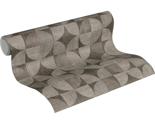 Role tapety s geometrickým vzorem a vzhledem dřeva