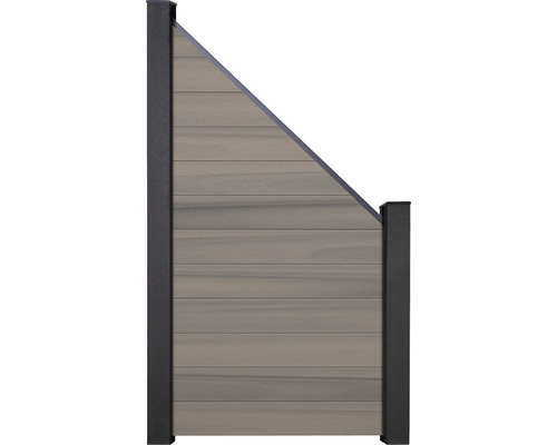 Zahradní plot se skloněnou horní částí a černými sloupky