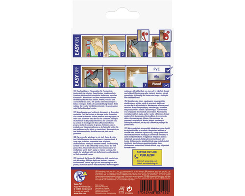 Síť proti hmyzu Tesa pro okna s montážním návodem a materiálovými informacemi.