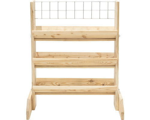 Dřevěný vyvýšený záhon se třemi úrovněmi a mřížkou na popínání