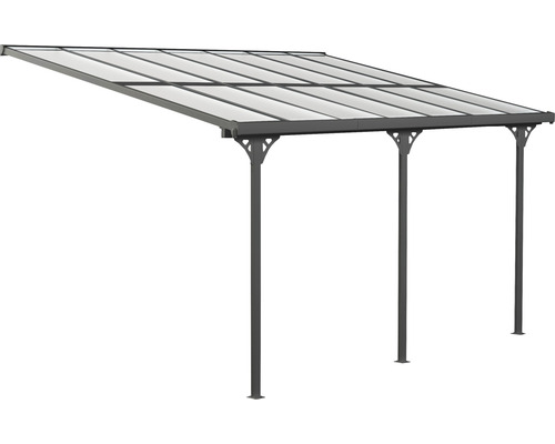 Zastřešení terasy s průhlednou střechou a třemi podpěrnými sloupky.