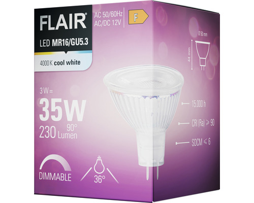 Balení stmívatelné LED žárovky Flair MR16/GU5.3 se studeným bílým světlem