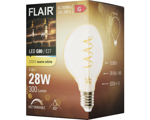 Balení LED žárovky Flair G80 s paticí E27, 2200 K teplá bílá, 4 W odpovídá 28 W, 300 lumenů, nestmívatelná