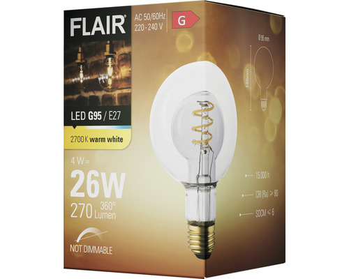 Balení nestmívatelné LED žárovky Flair G95 E27 s 2700 kelviny teplé bílé