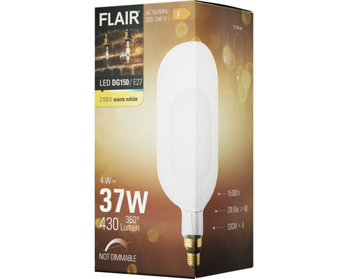 Balení nestmívatelné LED žárovky Flair DG150/E27 s výkonem 4 W, ekvivalentem 37 W a 430 lumenů